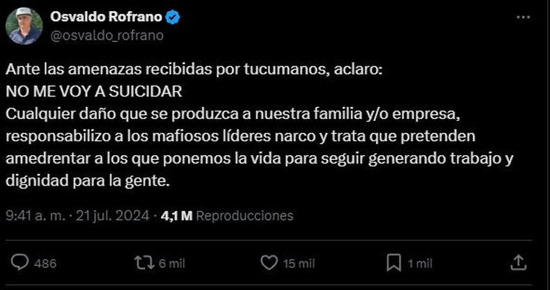 El tuit de la polémica. El empresario denunció amenazas y dijo que El tuit de la polémica. El empresario denunció amenazas y dijo que